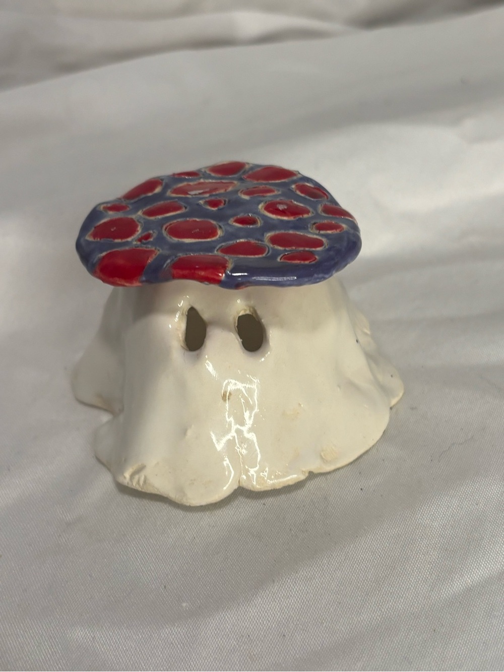 Handmade Ceramic Ghost Figurine with Red and Purple Mushroom Cap